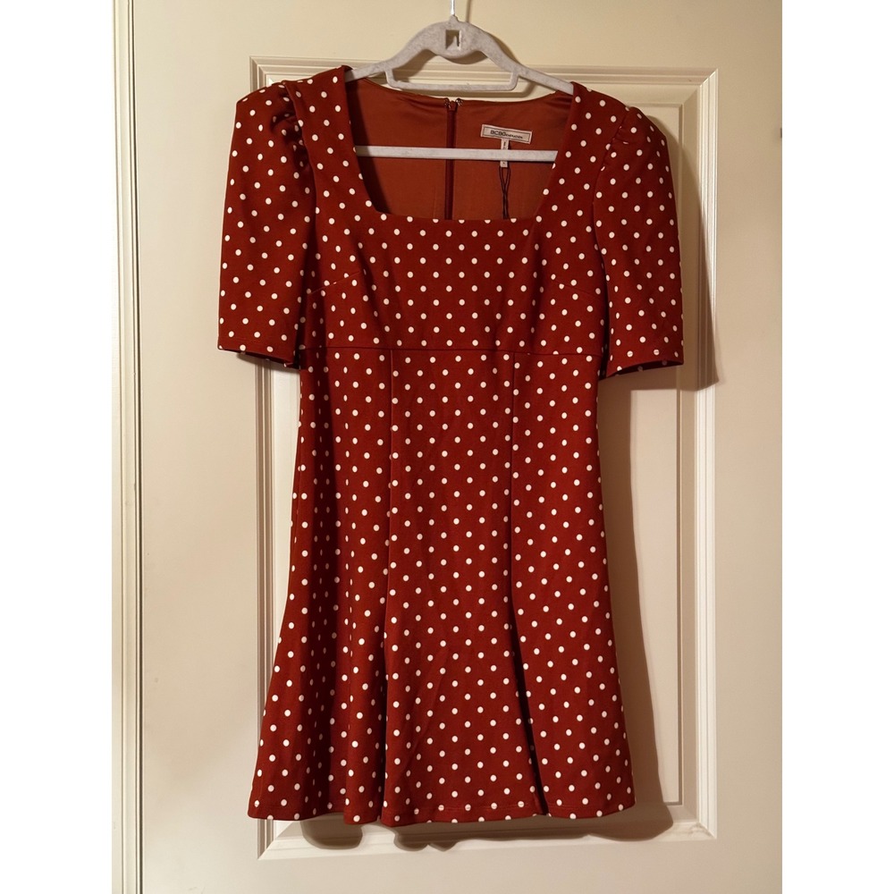 NWT BCBGeneration Rust Polka Dot Square Neck Puff Sleeve Mini Dress Size 4